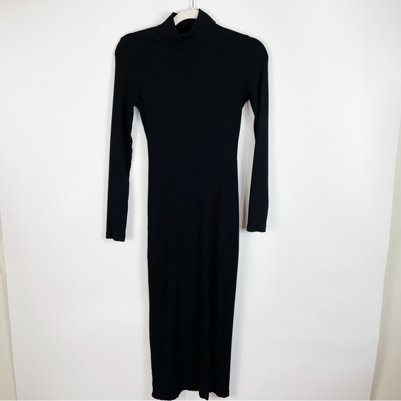 Black Ribbed Mock Neck Bodycon Long Sleeve Midi Dress Front Slit - Dynamite - Picture 2 of 7